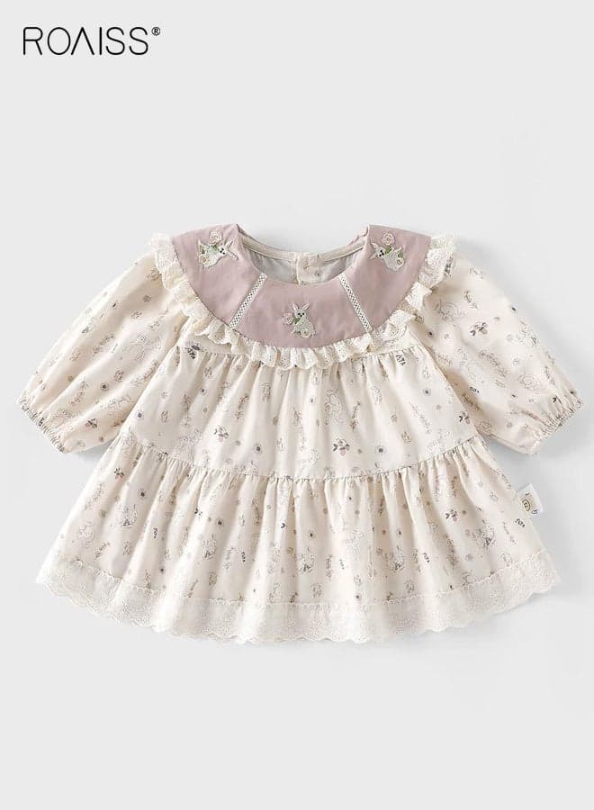 Baby Girls Stylish Dress, Long Sleeve Round Neck A-line Dress for Little Girls, Skin-friendly Breathable Frock with Cartoon Patterns, Suitable for Daily Wear and Outdoor Activities