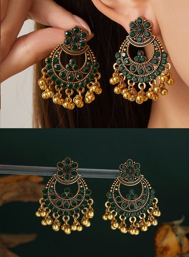 Indian Green Jhumka Earrings for Ladies - Traditional Ethnic Gold Plated Long Jhumka with Emerald Stones (Wedding & Festival Jewelry)