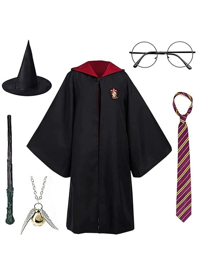 Wizard Robe Costume Cosplay Set,Hogwarts Wizarding World Costume Robes for Kids & Adults, Cosplay Robe Costume Cosplay Set, Dress Up Accessory Include with Striped Tie, Glasses Frame, Wizard Hat, Magic Wand and Pendant - for Boys and Girls