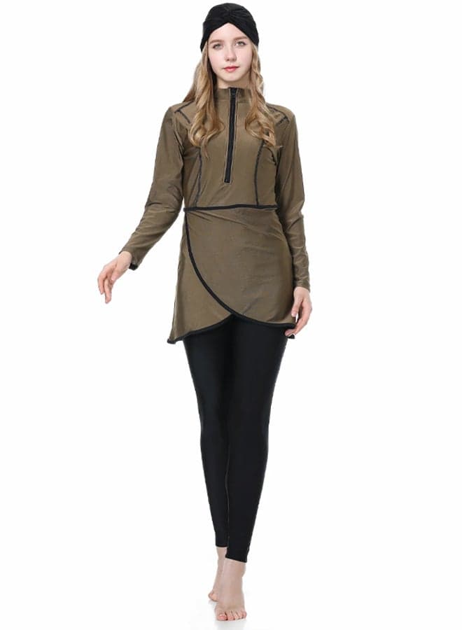 Women 2XL Size Muslim Swimming Costume for Women 3 Piece Full Coverage Zipper Front Swimwear Islamic Rash Guard Brown