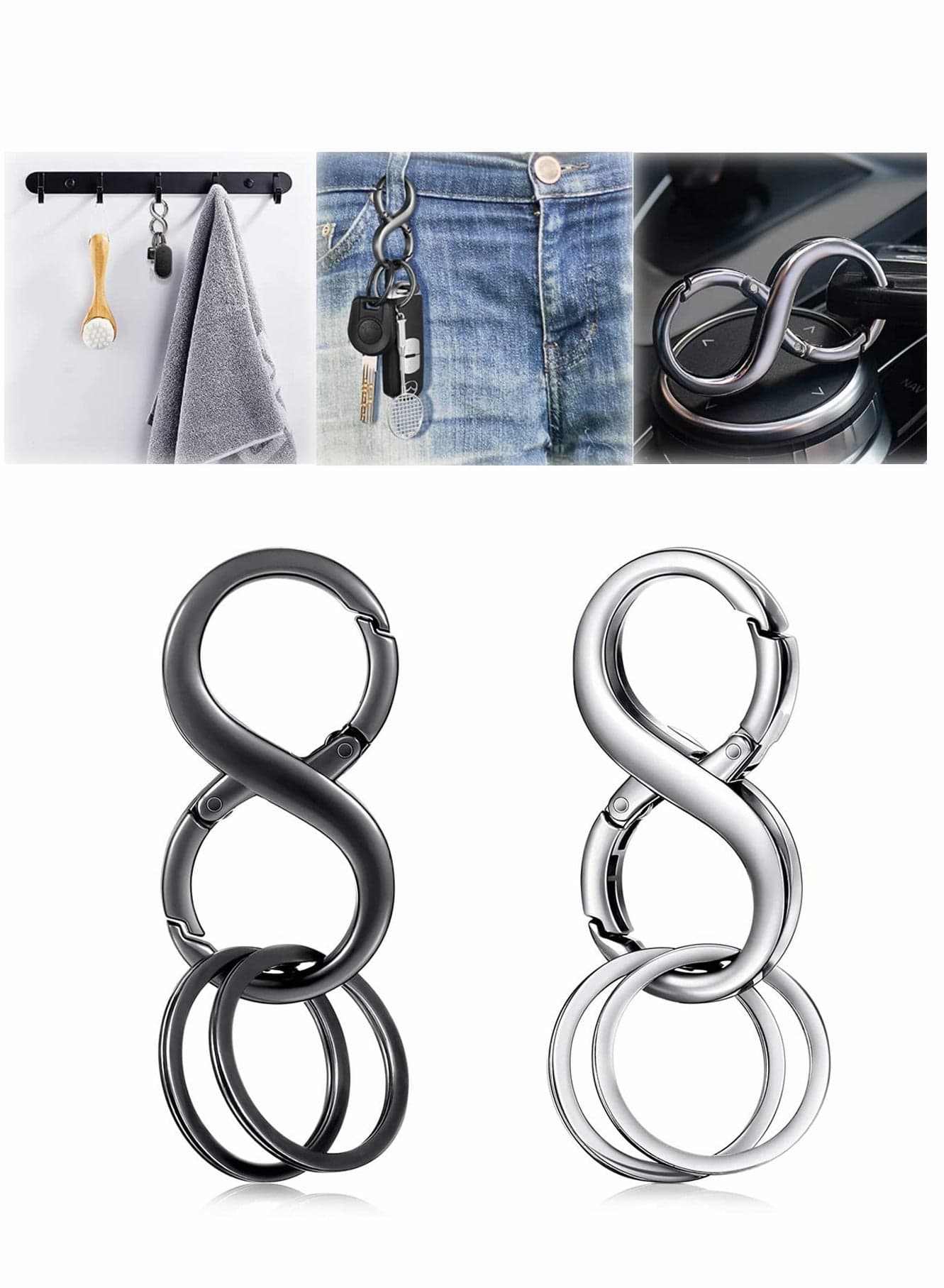 2 Pcs Car Key Chains, 8 Shape Car Detachable Key Chains Zinc Alloy Business Key Rings with 4 Extra Key Rings for Men and Women (Black + Silver )