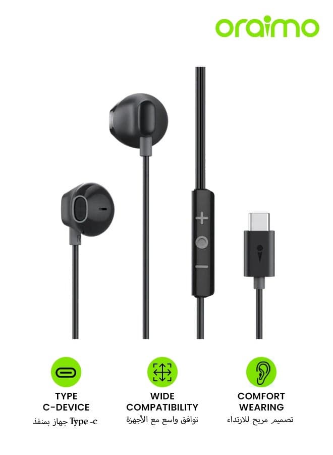 OEP-650 USB-C Wired In-Ear Headphones and Earbuds with Mic and Inline Remote For Hands-Free Calls Noise Cancelling Headset for iPhone Type C, iPad, Samsung Type C - Black Black