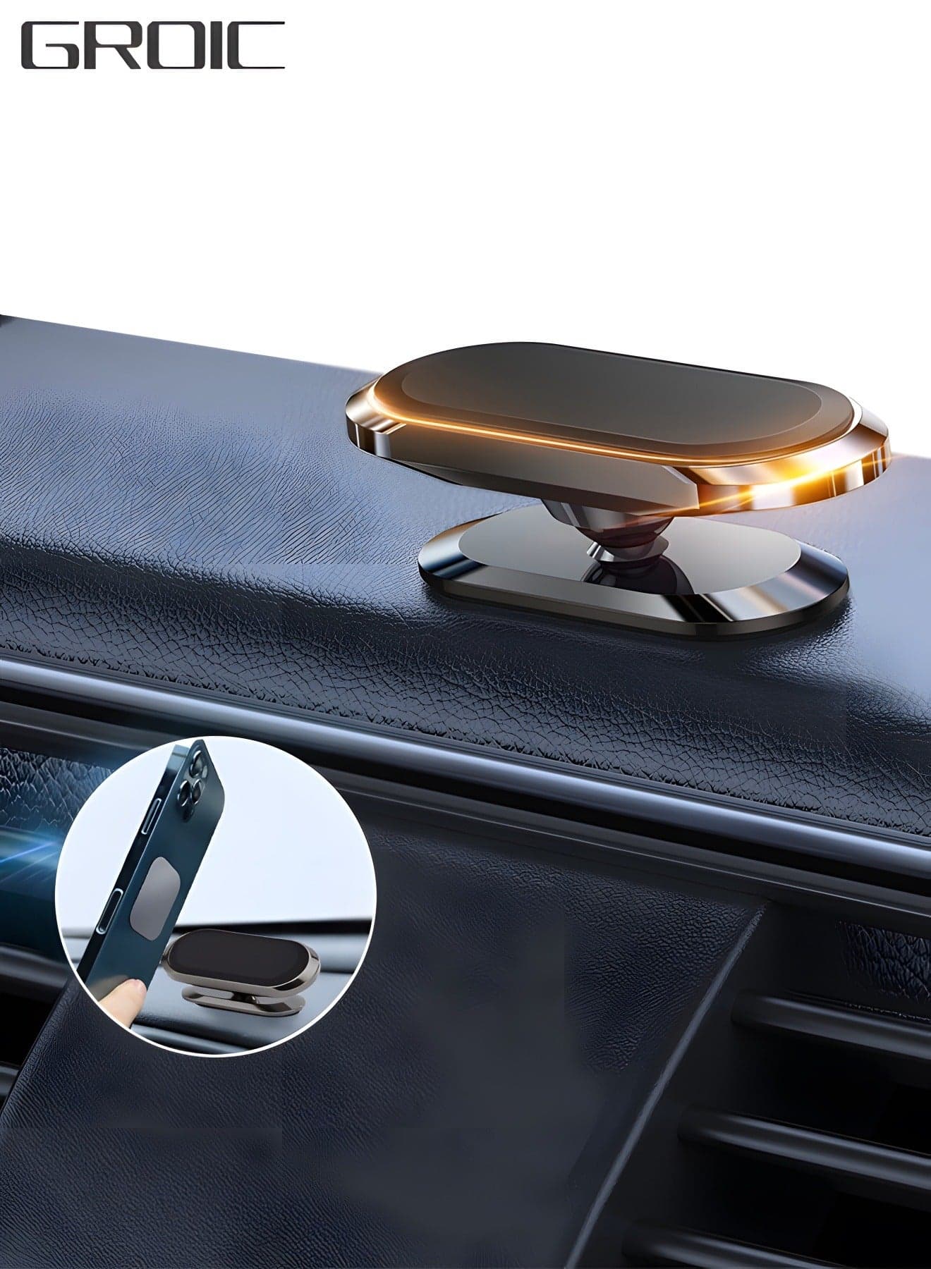 Magnetic Zinc Alloy Car Phone Mount, Upgrade Magnet N52 8pcs, Universal Dashboard Holder, Cell Phone Grip Car Kits, 360° Adjustable Super Strong Magnet for Samsung, iPhone,Automotive Interior