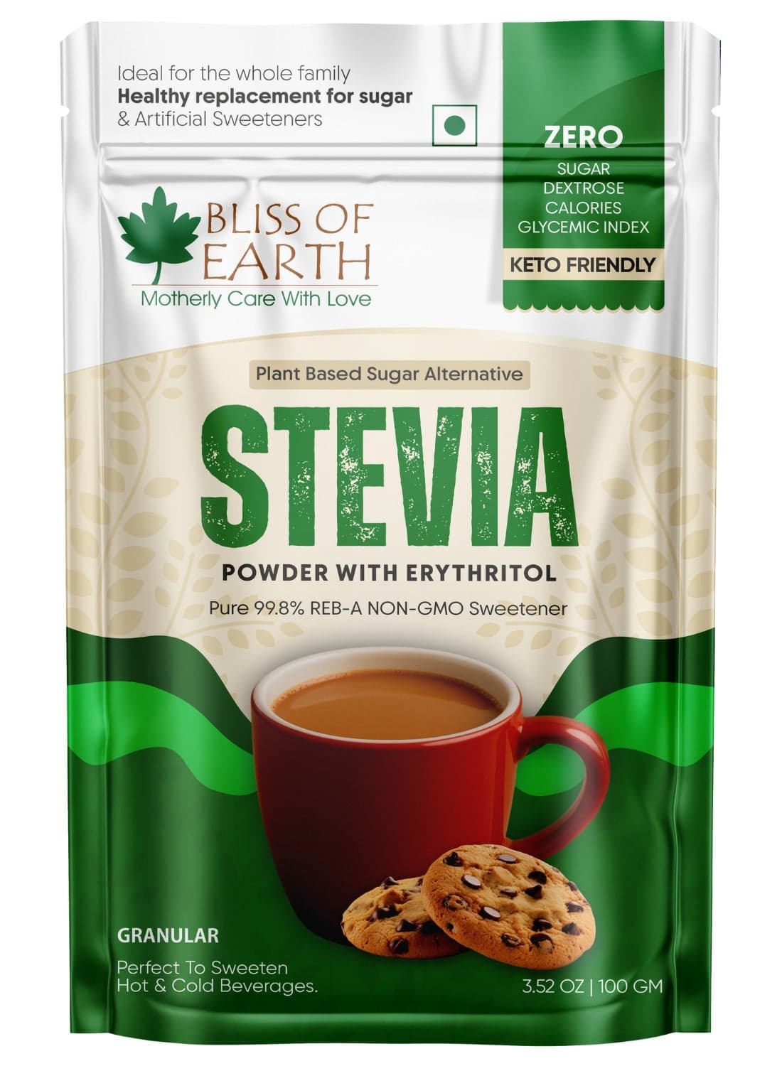 Bliss of Earth 99.8% Reb-A Stevia Powder With Erythritol 100g, Zero Calorie Plant Based Sugar Substitute, Diet Sugar
