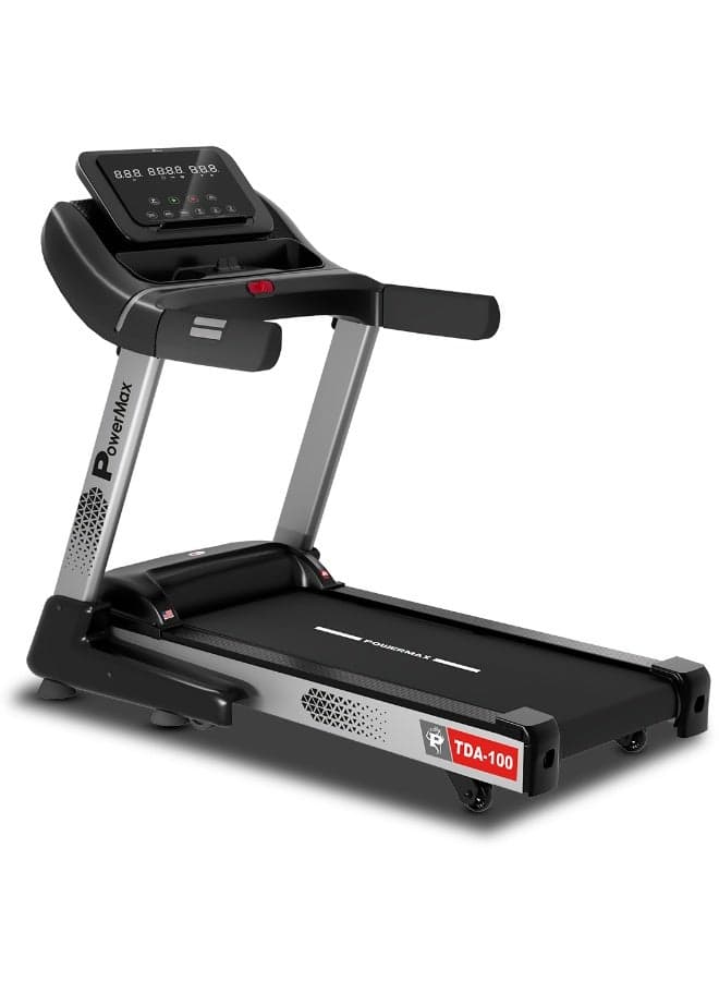 PowerMax Fitness TDA-100 5HP Motorised Auto Incline Treadmill for Home Use, Max User Wt. 130KG, Top Speed 12kmph, Speaker, LED display, ipad holder, foldable running machine for cardio exercise