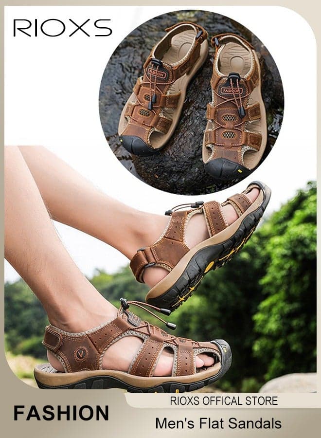 Men's Hollow Roman Sandals, Round Closed Toe Flat Sandals, Leather Fisherman Sandals, Athletic Sport Casual Sandals for Men, Waterproof Summer Beach Water Sandals, Lightweight Walking Slids Sandals, Sandals for Trail Beach, Brown Hiking Sandals