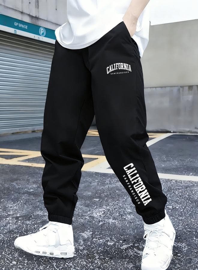 Boys Black California Print Tapered Track Pants