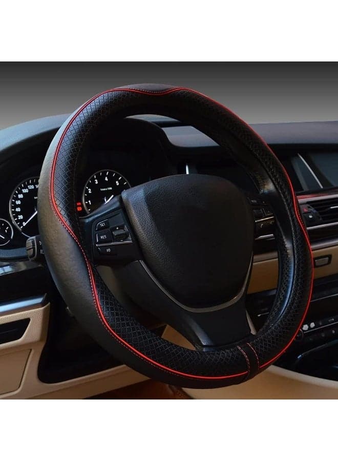 Car Steering Wheel Cover, Anti-Slip, Safety, Soft, Breathable, Heavy Duty, Thick, Full Surround, Sports Style (Black with Red line)