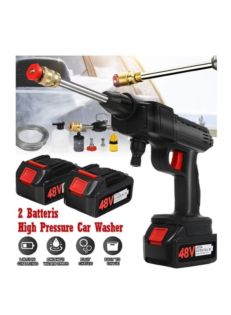 Portable High Pressure Water Gun, Rechargeable Cordless Washer with Dual 48V Batteries, 5m Hose & 3 Nozzles – Power Cleaning Gun for Cars, Floors & Garden