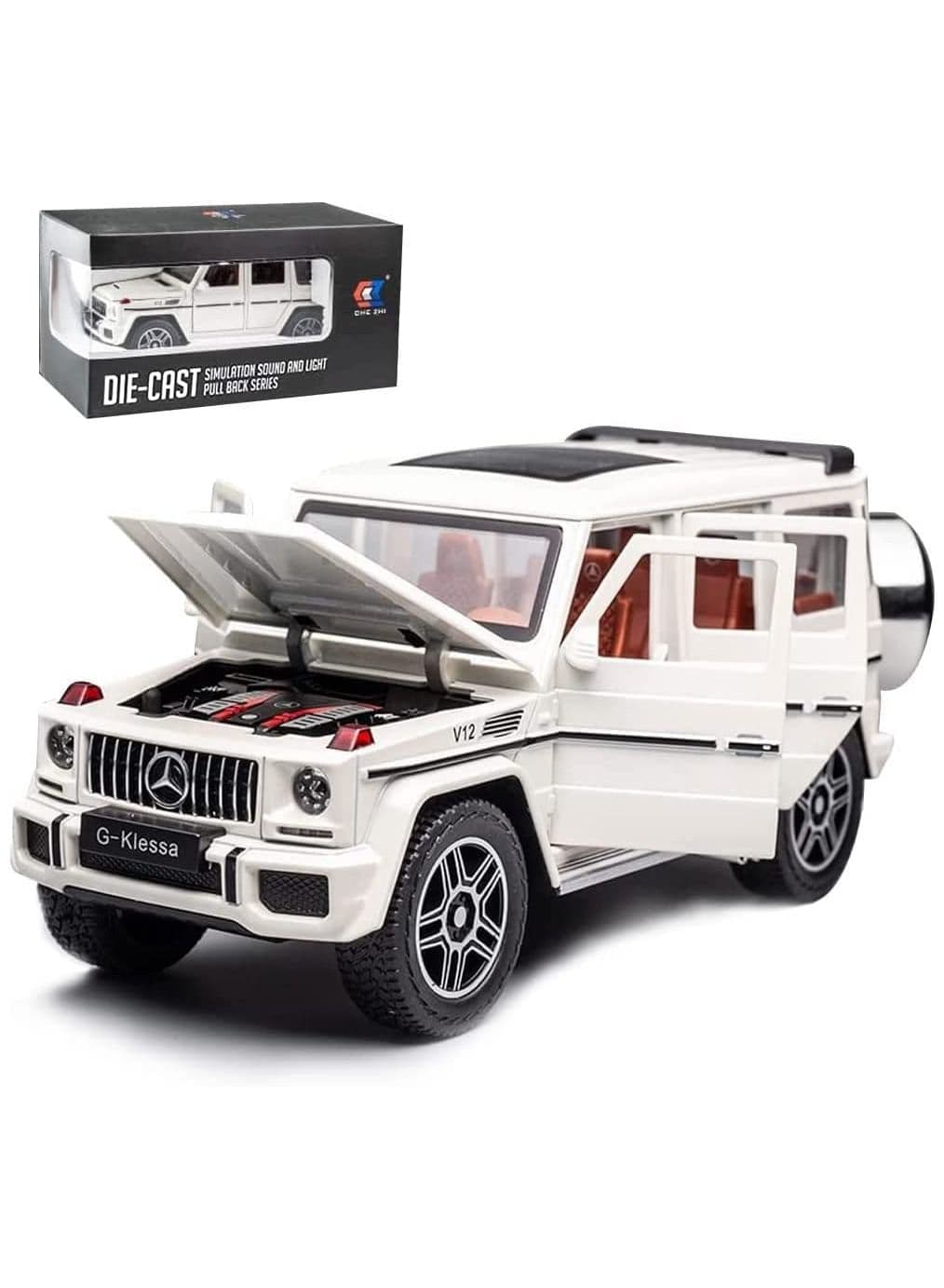 1:24 Scale Mercedes Benz V12 G63 AMG Diecast Model Cars Zinc Alloy Pull Back Toy car with Sound and Light for Kids Boy Girl Gift White