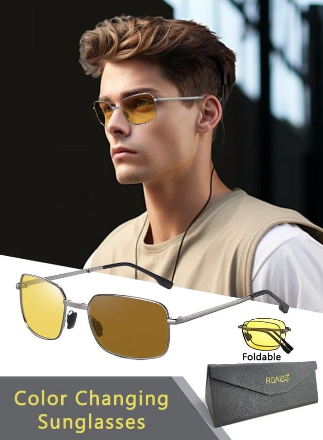 Men's Polarized Rectangular Sunglasses UV400 Protection Sun Glasses with Metal Frame Color Changing Night Driving Glasses for Men Golfing Fishing Traveling 61mm