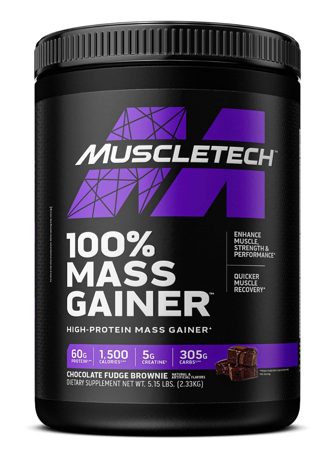 100% Mass Gainer High-Protein Mass Gainer - 60g Protein - 1,500 Calories - 305g Carbs - 5g Creatine - Chocolate Fudge Brownie Flavor - Dietary Supplement - Net Wt 5.15 lbs (2.33kg)
