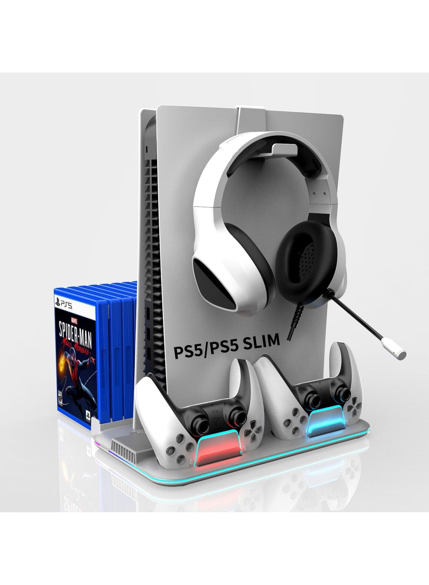 PS5 Stand, PS5 Slim Stand with Cooling Station and Controller Charging Station for PS5 Slim Console Disc/Digital, PS5 Accessories-Cooling Fan, RGB LED, Headset Holder, 15 Game Slot for Playstation 5