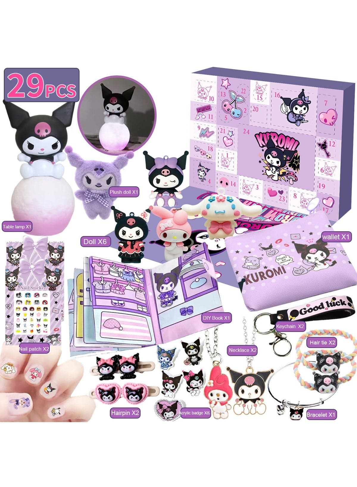 Blind Box, Includes Cartoon Figures, Keychains, Rings and Accessories for Party Toy Ornaments Decoration, Xmas Countdown Advent Calendar Gift for Girls, Boys & Kids (Kuromi)