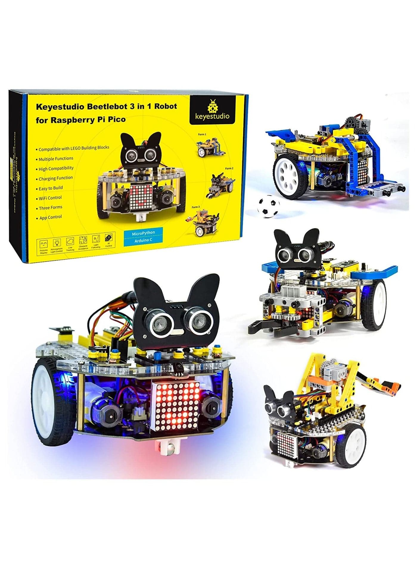 Beetlebot 3 in 1 Robot Car Starter Kit for Raspberry Pi PICO, Micro Python C plus Language, Matrix Display, APP & IR Remote Control, WiFi Module, with Building Blocks for Programming