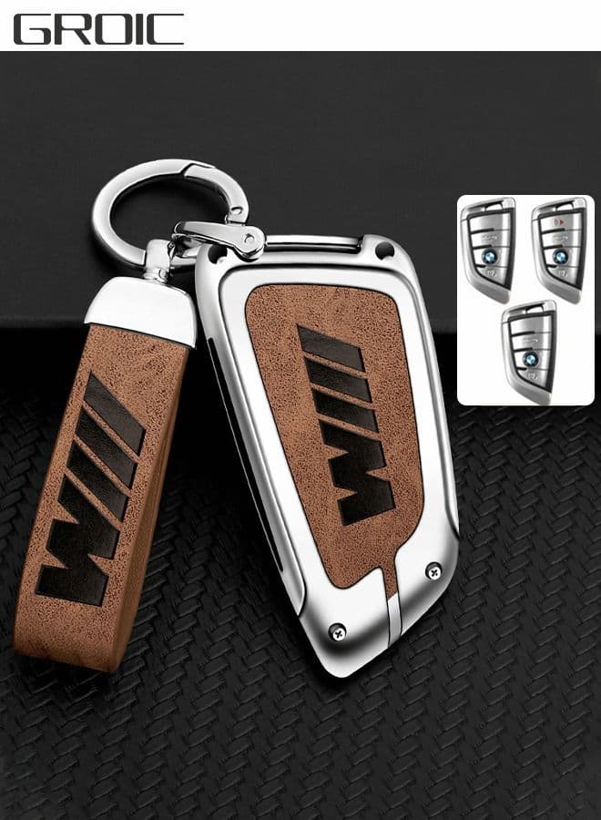 For BMW Key Fob Cover Case, Zinc Alloy & Genuine Cowhide Cover Key Holder for BMW 2 5 6 7 X1 X2 X3 X5 X6 Series Full Cover Protection Smart Remote Keyless Key Fob Shell