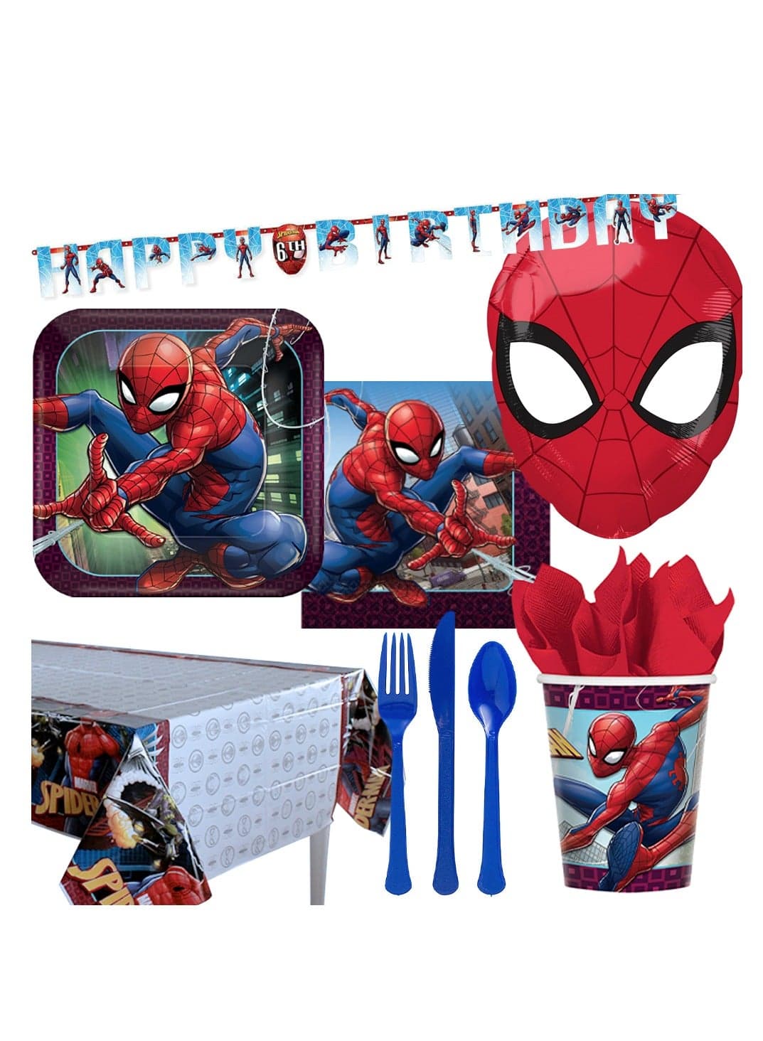 Spiderman, 59 Piece Tableware Supplies, Includes Napkins, Plates, Cups, Cutlery, Tablecover, Banner And Balloon, Multicolor, For 8 Guests