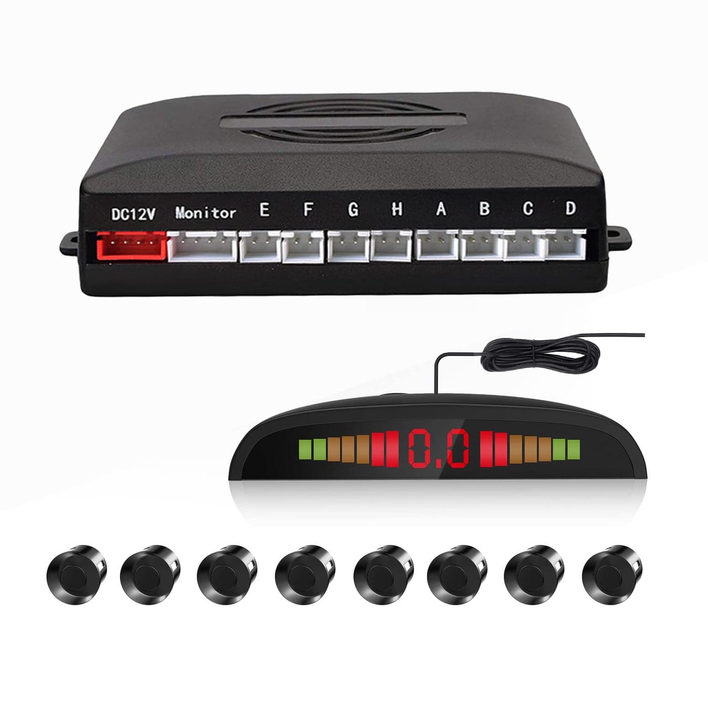 Car Reverse Parking Radar System with 8 Parking Sensors Distance Detection LED Distance Display Sound Warning Black Color