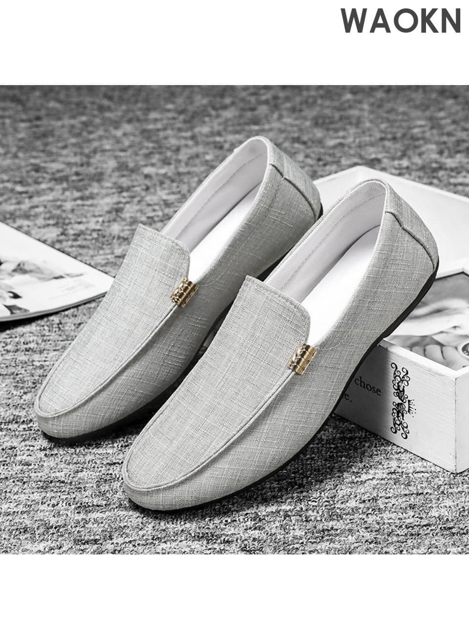 Men's classic loafers, slip on casual breathable driving shoes, fashionable and lightweight anti slip sole outdoor boat shoes, comfortable walking shoes, suitable for various occasions, gray driving shoes, flat shoes