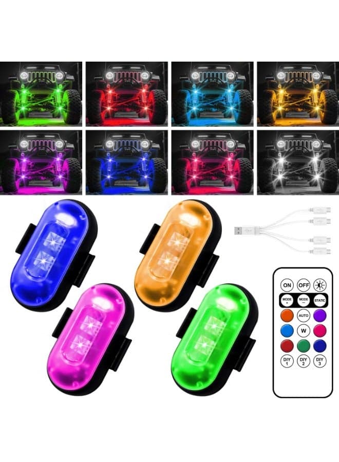 4 Pcs Rock Lights Wireless, Car Wireless Led Lights with Remote Control multi-mode, Colorful Strobe Light, Warning Flashing Lights for Car, Drone, Motorcycle, Bike