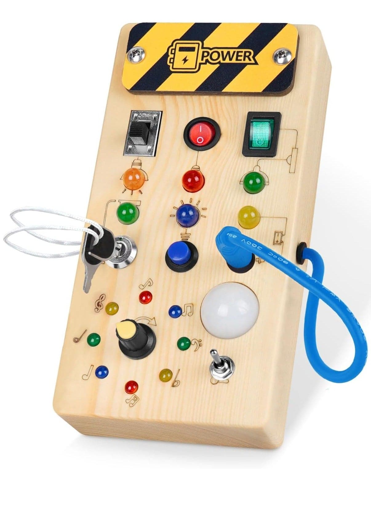 Baby Busy Board Montessori Wooden Busy Board for Toddlers with 8 LED Light Switches Sensory Toys with Lights Baby Travel Toys Gift for 1 + Year Old Baby Toddler Educational Learning Activities