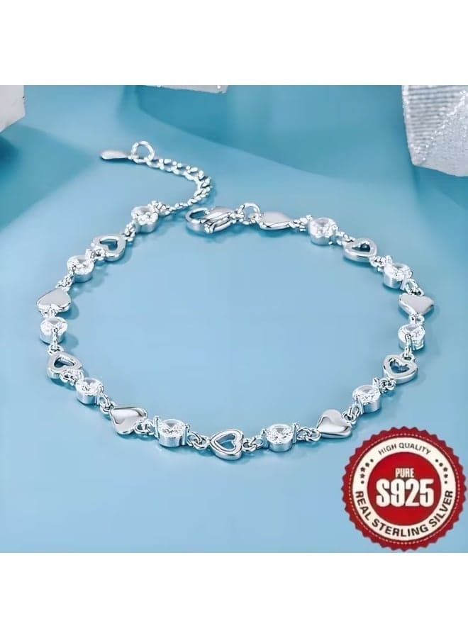 S925 Sterling Silver Heart-Shaped Bracelet – Elegant Women’s Fashion Jewelry, Perfect Gift for Girlfriend, Mom, or Best Friend