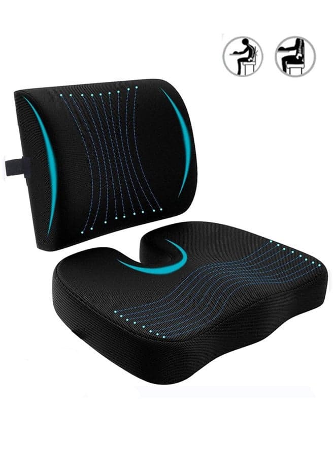 Seat Cushion, Lumbar Support Pillow Pure Memory Foam Seat Cushion and Lumbar Support Pillow Set Sciatica Lower Back/Coccyx Pain Relief - Ergonomic U-shaped design for office, car, gaming chair