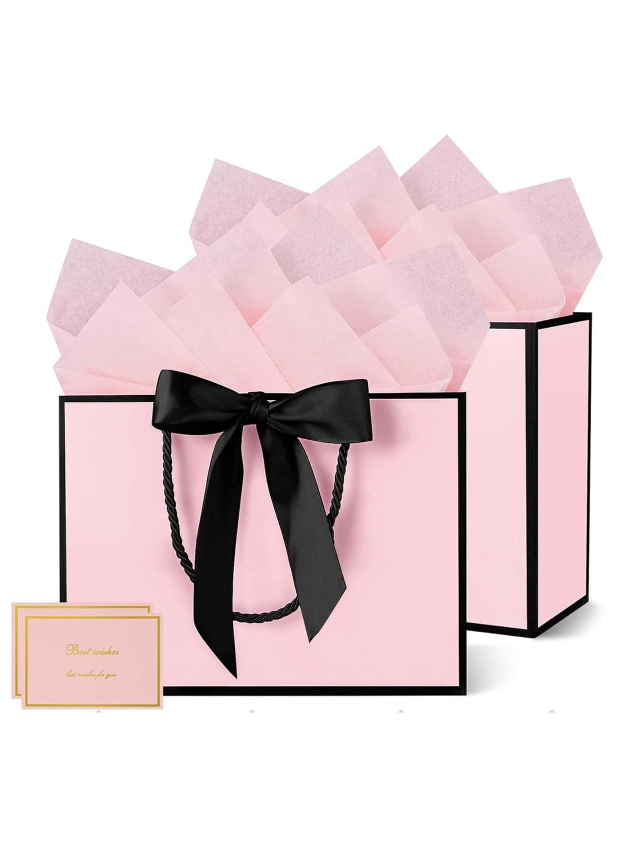 2PCS Pink Large Gift Bags, Paper Bags with Ribbon, Greeting Cards and Tissue Paper, Portable Party Bags with Handles, Birthday Gift Bags, Present Bags for Wedding Party, Party Supplies(32*25*11cm)