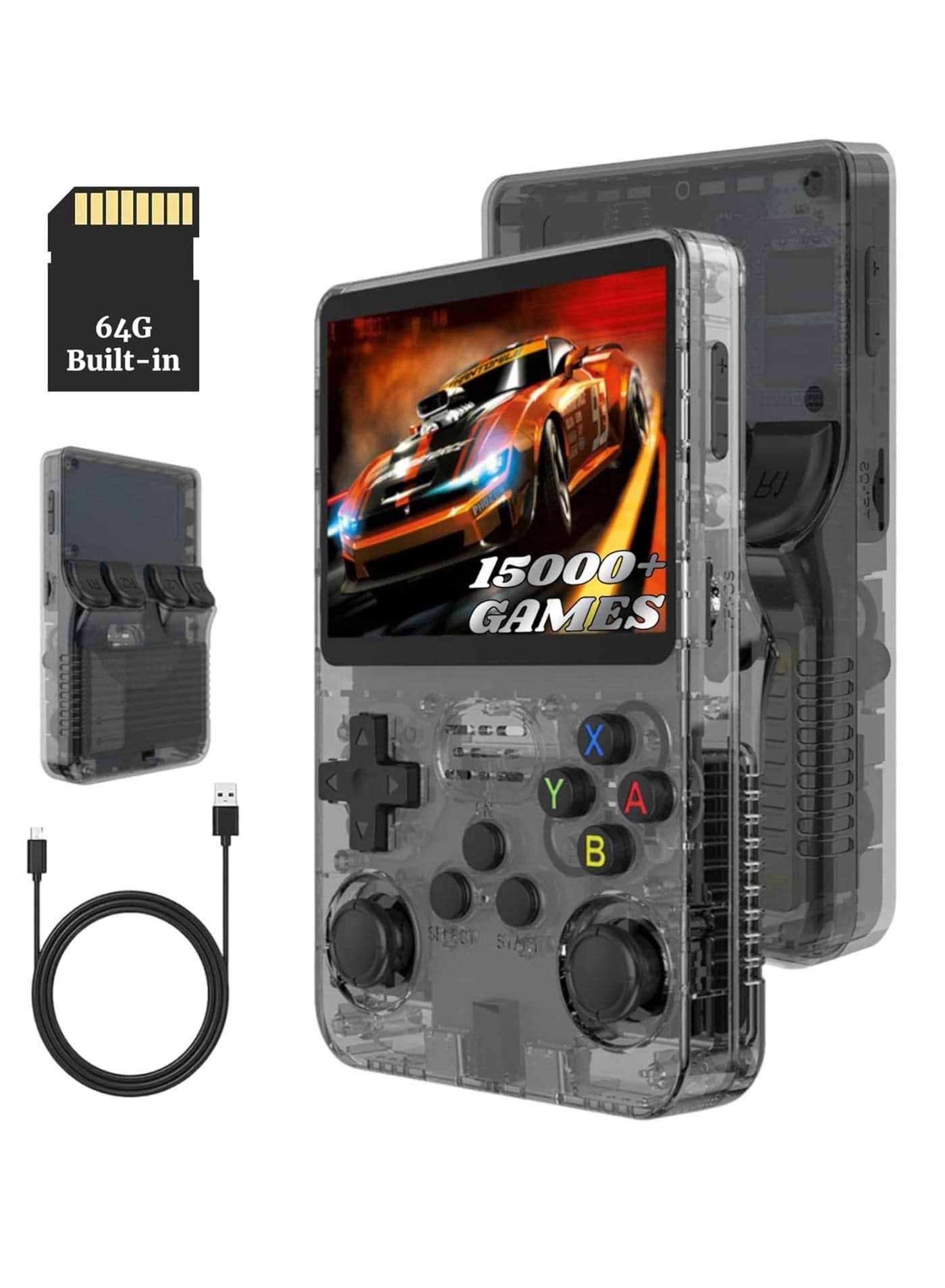 R36S Game Console 3.5 Inch Portable Retro Game Console Built-in 15000+ Games With Open Source Linux System With 64GB Memory Card Video Games Console 3500mAh Battery IPS Screen Toys And Games For Kids And Adults Transparent Black