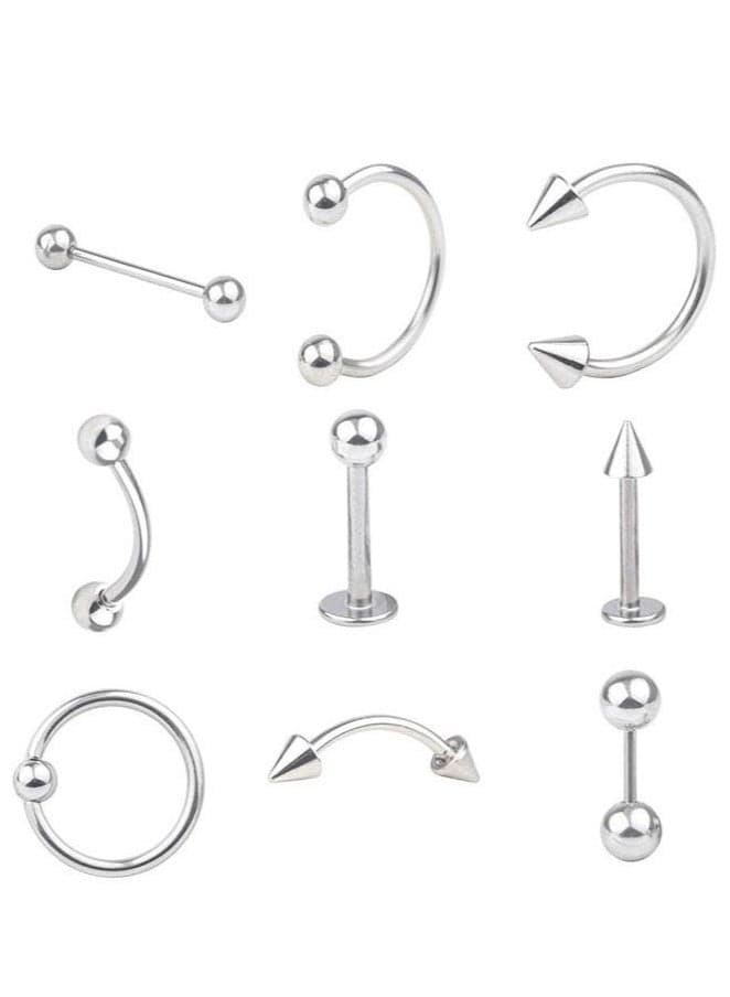 9 Piece Different Body Piercing Jewelry for All Piercings, Stainless Steel Ring Tongue Eyebrow Lip Belly Button Nose Body Piercing Earrings Jewelry Set