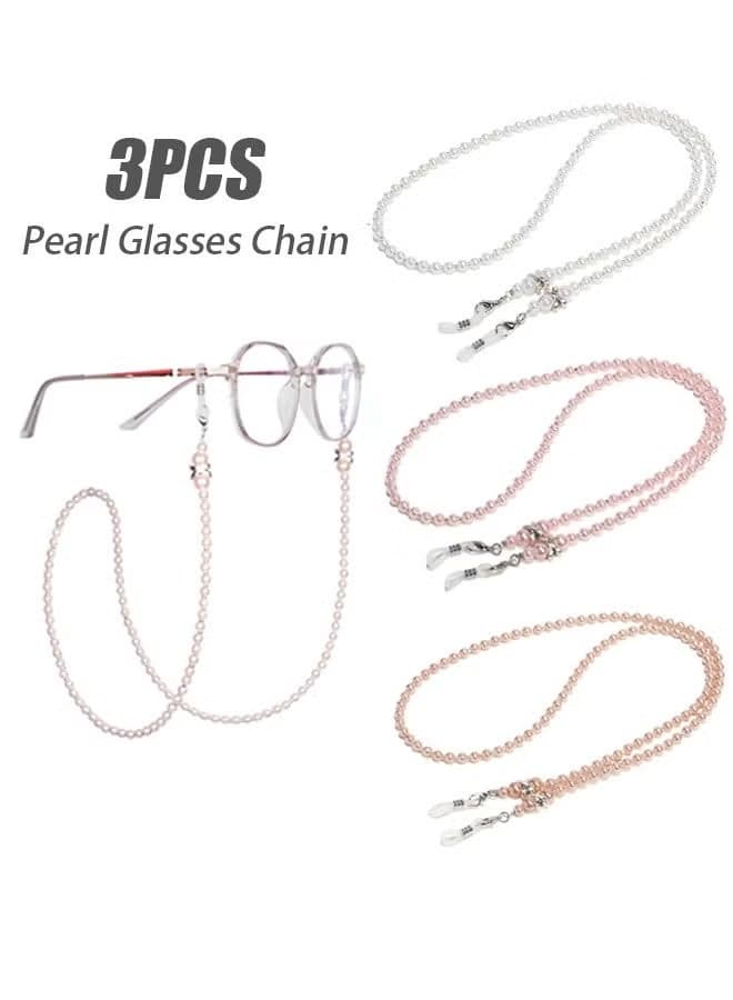 3 pcs Pearl Glasses Chains for Men Women, Eyewear Strap Holders Hanging Neck Rope Lanyard Eyeglasses Accessory(Rose Gold/Pink/White)