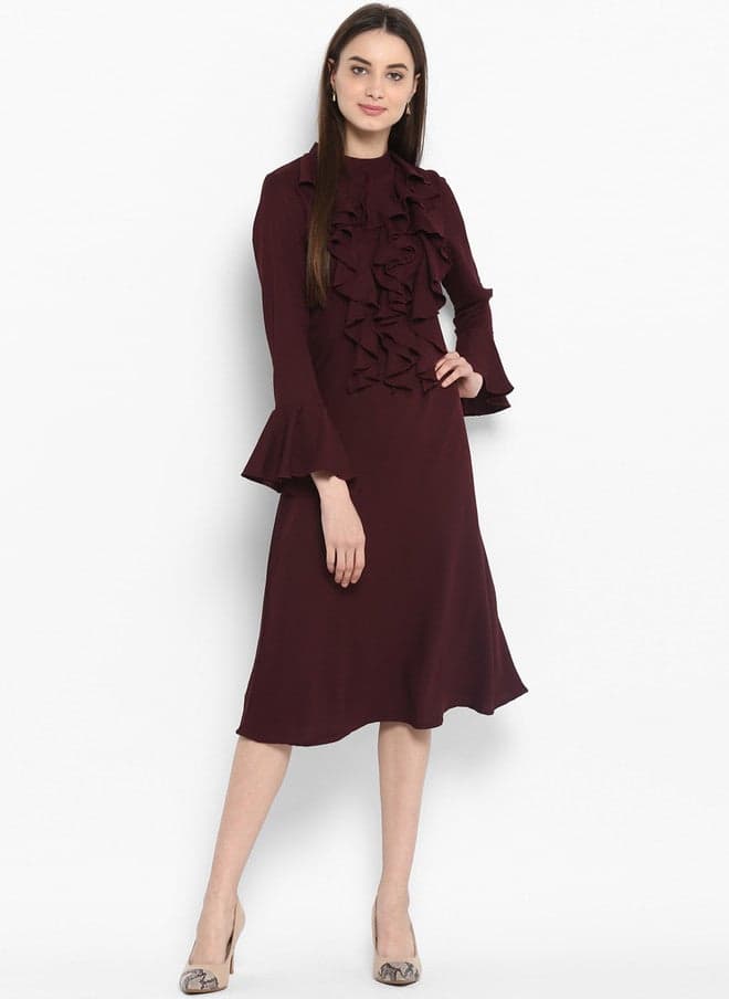 StyleStone Women Maroon Solid A-Line Dress with Ruffles