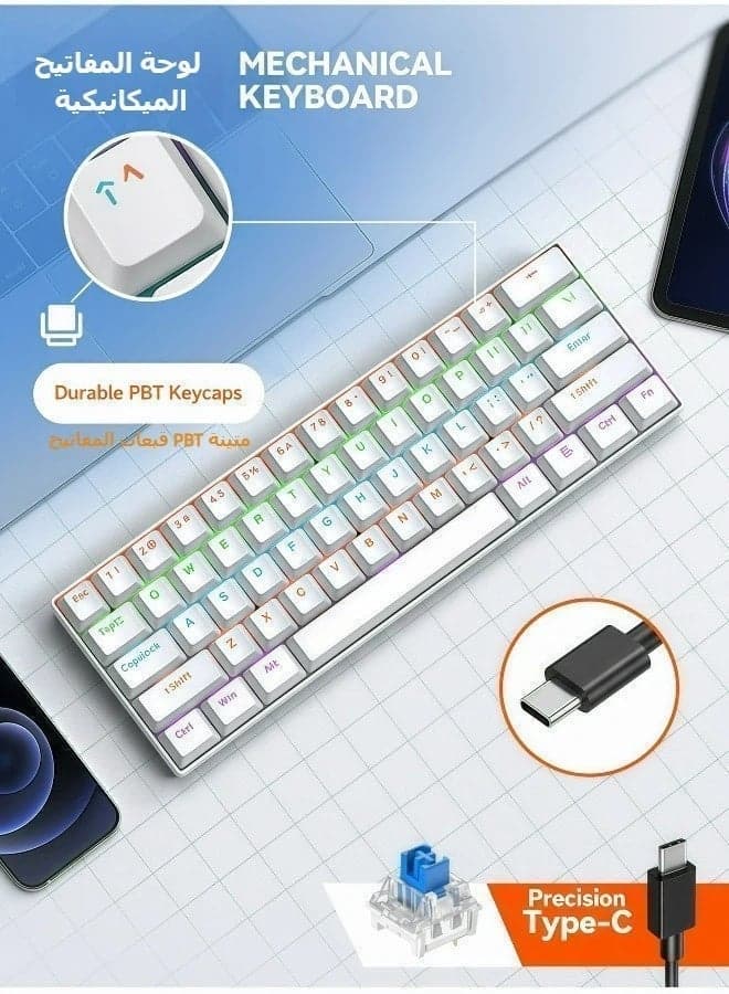 Keyboard mechanical keyboard blue switch RGB keyboard small keyboard Type-C key cable separation full key hot swappable wired gaming keyboard, suitable for PC/Mac e-sports gamers, business travel portable white keyboard