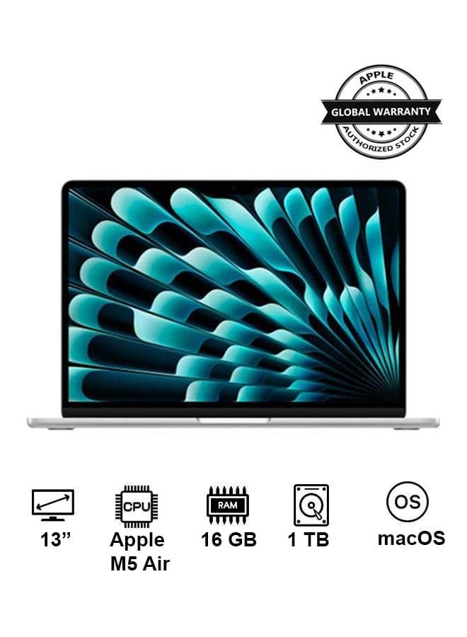 New 2026 MacBook Air MDH84 | 13 Inch Display | Apple M5 Air | 10-Core CPU 10-Core GPU | 16GB RAM | 1TB SSD | macOS | English Keyboard | Silver