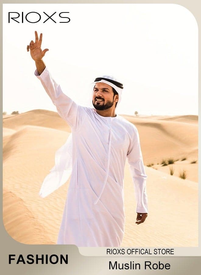 قفطان رجالي، رداء موسلين سعودي بأكمام طويلة ورقبة دائرية، ثوب إسلامي دبي بلون واحد، قفطان بأزرار مع جيوب، قميص طويل كاجوال مع غطاء رأس، أبيض اللون وجيد التهوية