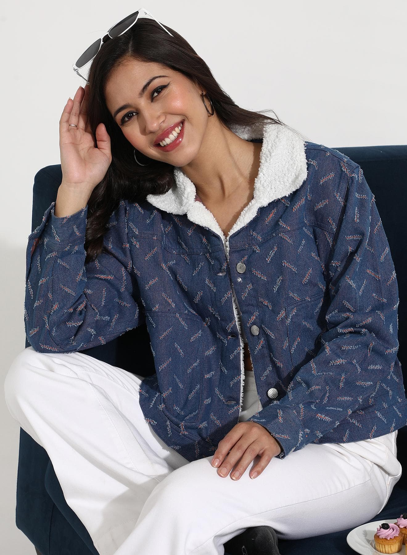 Women's Blue Clustered Distress Denim Jacket