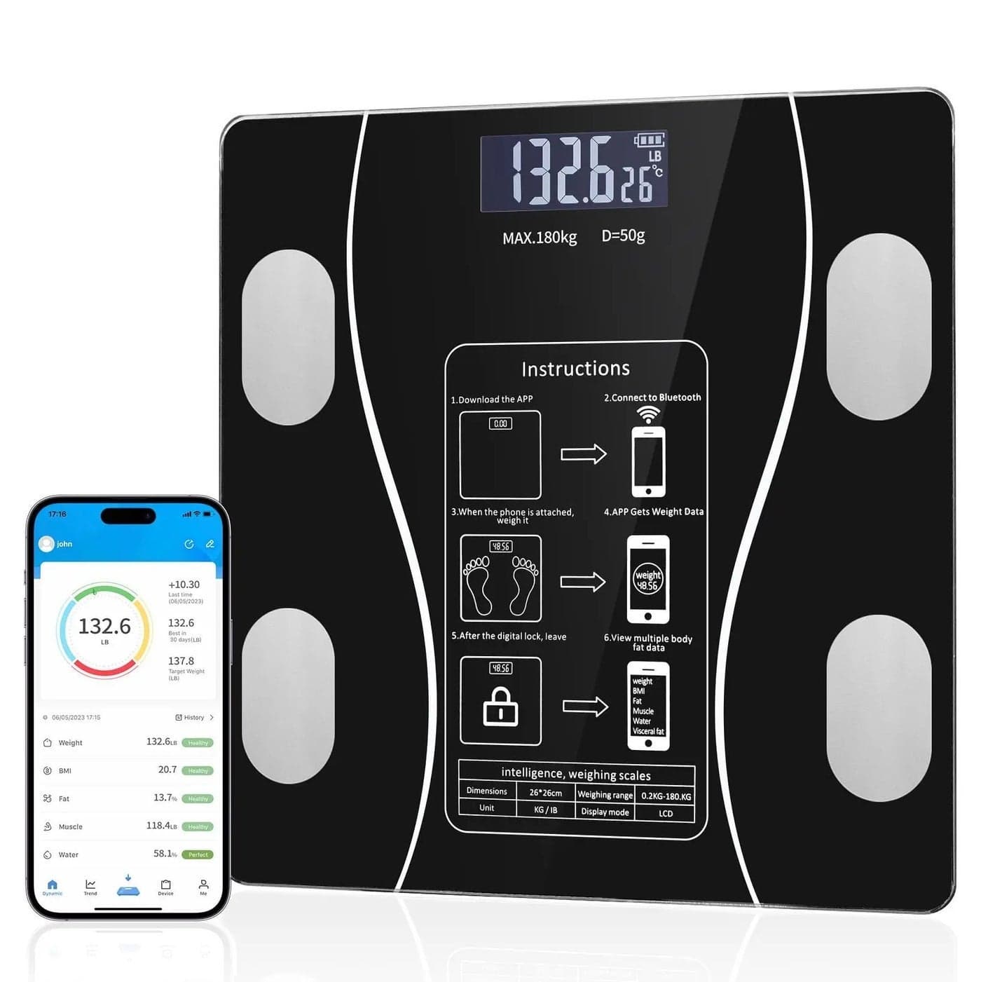 Digital Smart Scale with Bluetooth, Body Weight Scale, Body Fat Scale, Wireless Digital Bathroom Scale, 12+ Measurements, Weight/Body Fat/BMI, Fitness Body Composition Analysis, Black, lbs/kg, Batteries Included