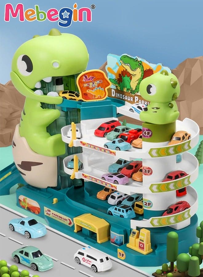 Dinosaur Track Parking Lot with Music and Light Effects, 3-floor Toy Car Garage for Kids, Garage Track Set with 6 Cars and 1 Map, STEM Educational Playset, Perfect Toy for Endless Fun and Learning, Ideal Gift for Kids, 58*15.8*33cm