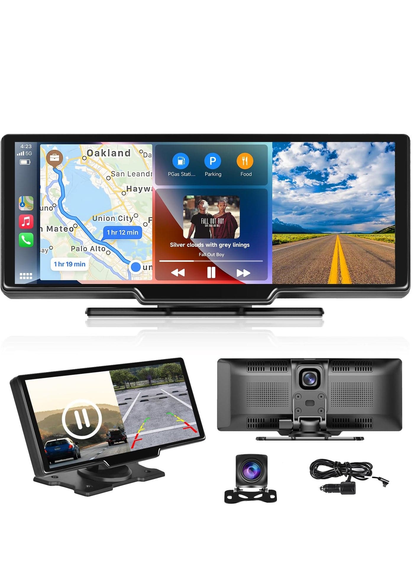 9.26" Wireless Car Stereo with Apple CarPlay, Dash Cam, and 1080P Backup Camera. Portable Touchscreen GPS, Bluetooth, AirPlay, AUX/FM, Google, and Siri Integration for Your Vehicle.
