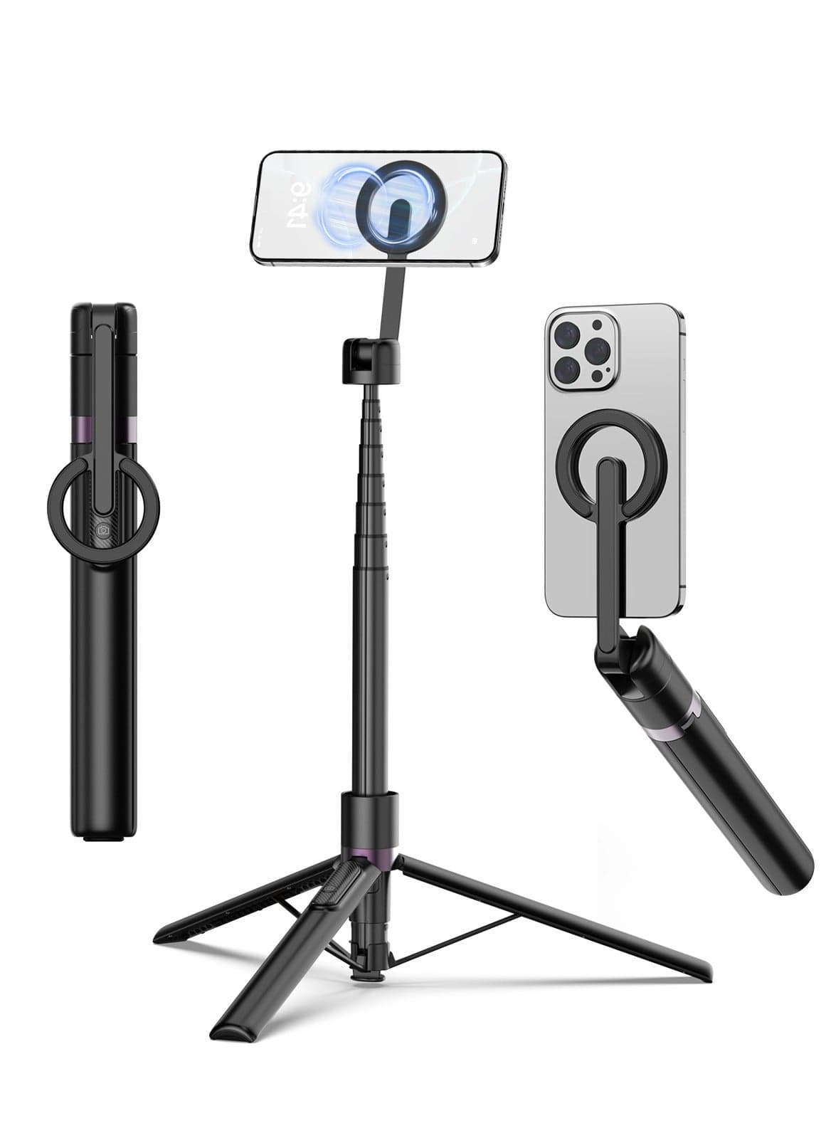 173 cm Magnetic Selfie Stick Tripod, Strong Magnetic Aluminium Holder for Magsafe, 360° Rotatable, Retractable Travel Tripod with Metal Ring and Remote Control, Portable Mobile Phone Tripod