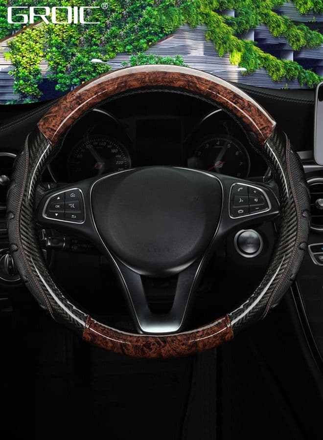 15 Inch Universal Steering Wheel Cover Wood Grain, Stylish Leather Non-Slip Steering Wheel Protector for Men and Women Auto Interior Accessories