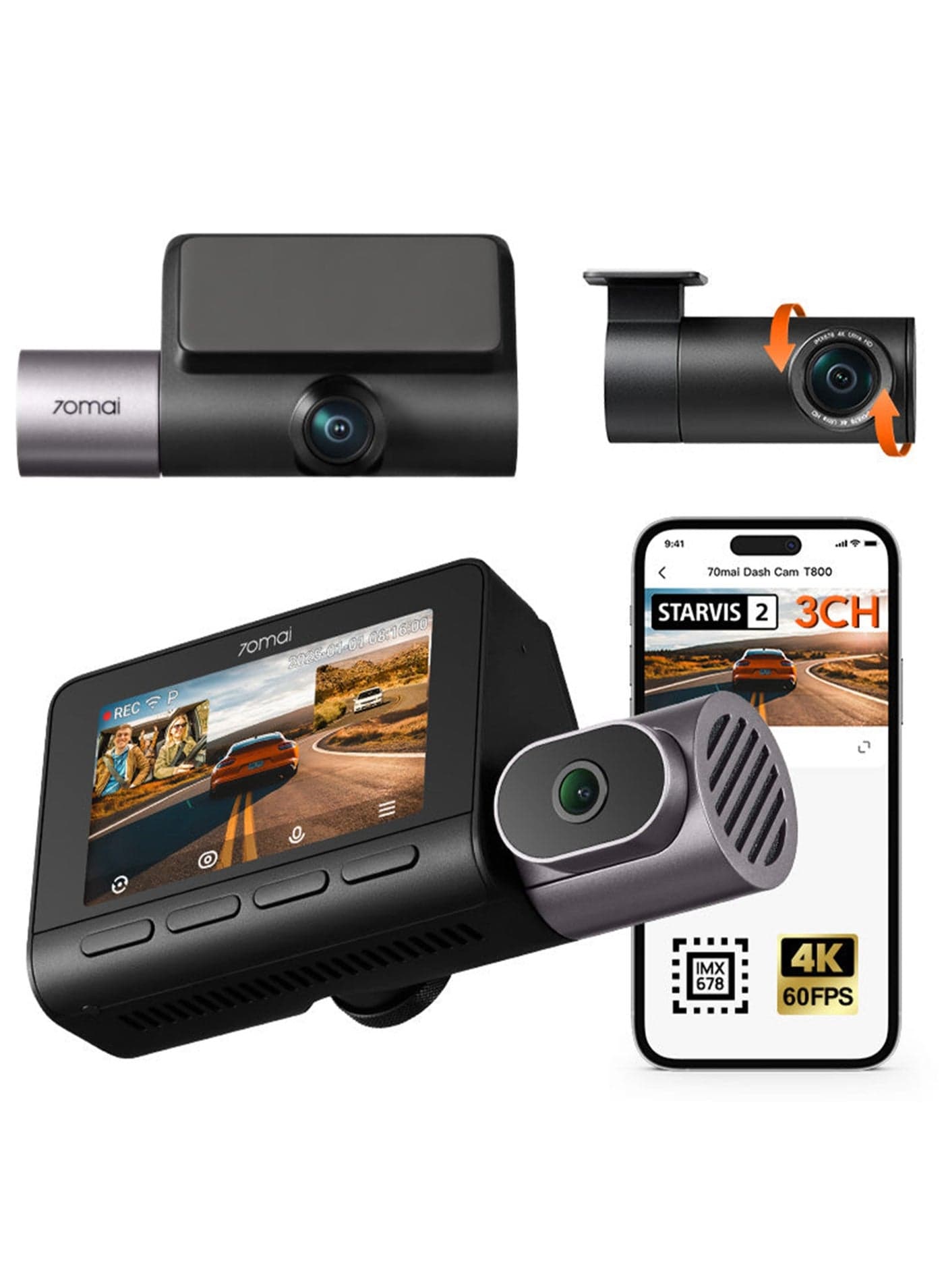 70mai 4K 3 Channel Dash Cam T800-41, Car Camera With Front And Rear Inside( 2160P+2160P+1080P), STARVIS 2 IMX678, HDR Night Vision, WiFi 6 512GB SD card Included, 4G LTE Supporting, 24H Parking Mode, Supercapacitor
