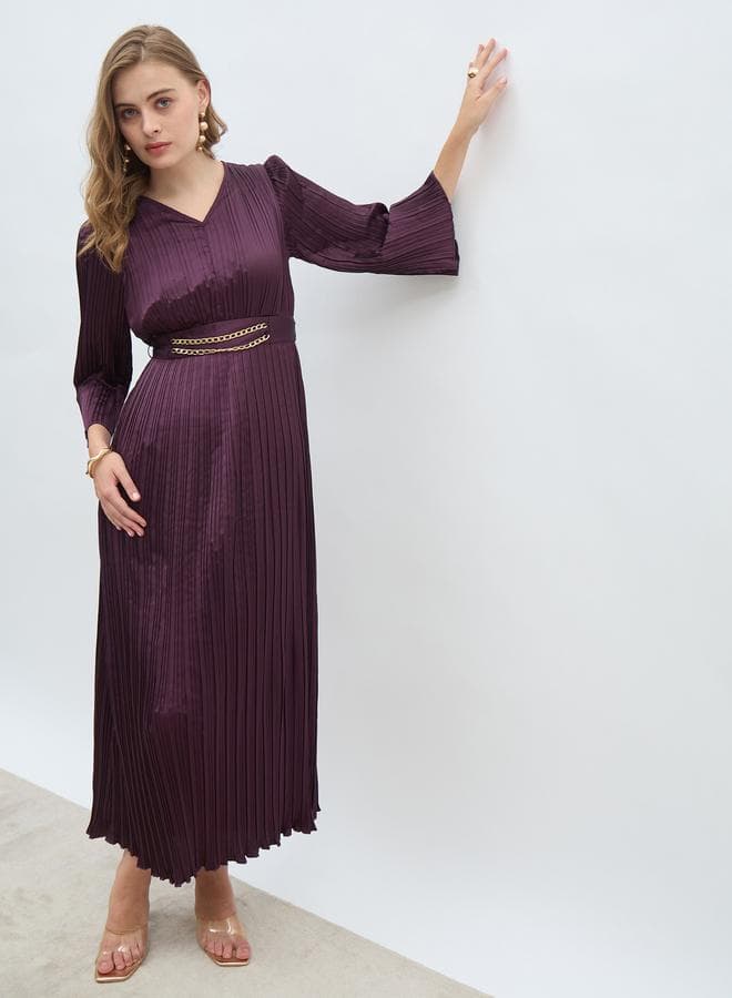Solid 3/4 Sleeves Pleated A-line Maxi Dress with Belt