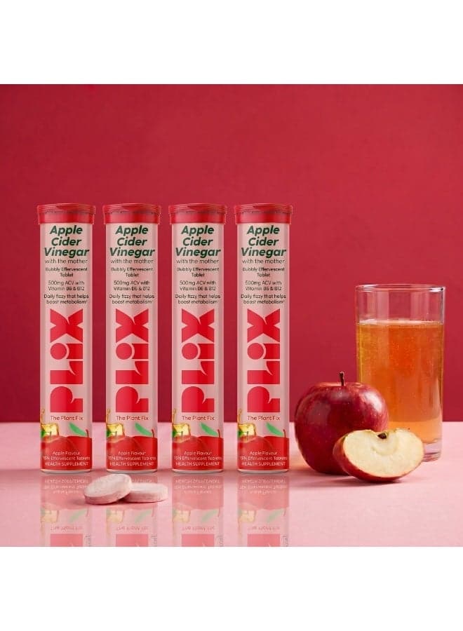 Apple Cider Vinegar Tablets for Craving Control & Detox | ACV with The Mother, Vitamin B6 & B12 | Supports Metabolism & Gut Health - 60 Effervescent Tablets (Pack of 4, Apple)