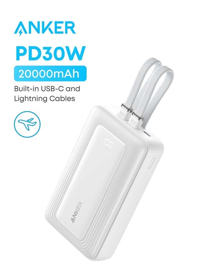 20000 mAh Anker Power Bank, 20,000mAh 30W Max Fast Portable Charger with Built-in USB-C and MFi Certified Lightning Cables, USB-C&A, Battery Pack for iPhone 17/16/15/14 Series, MacBook, Galaxy White