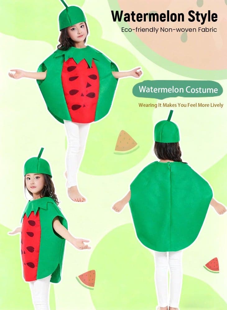 Unisex Halloween Watermelon Costume Dress Set Fruits Costume Suit with Hat for Halloween Cosplay Dress up Party Performance Costumes
