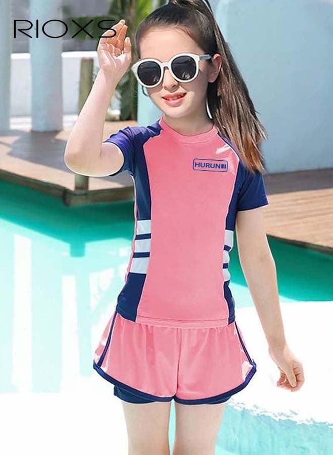 Girls Swimsuits, Kids Two-Piece Rashguard Swim Set, Short Sleeve Swimming Top And Shorts, Kids Swimwear For Water Sports, Quick Dry Bathing Suits, Sun Protection Swimwear For Beach/ Pool/ Water Park, Girl's Watersports Clothing