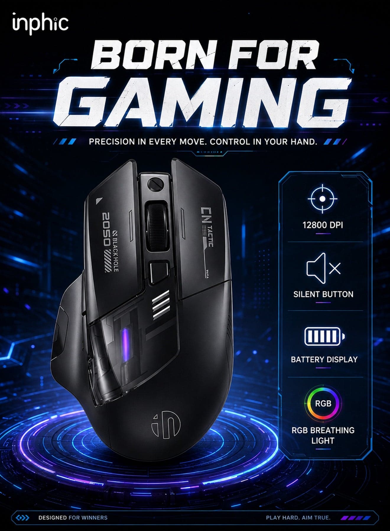 Wireless Gaming Mouse with Tri-Mode 2.4G/USB-C Wired/Bluetooth, Ergonomic Wireless Mouse with 7 RGB Lighting, 6 Buttons 12800 Adjustable DPI Bluetooth Mouse, Type-C Charging for Laptops, PC, Computers (Wireless Black)