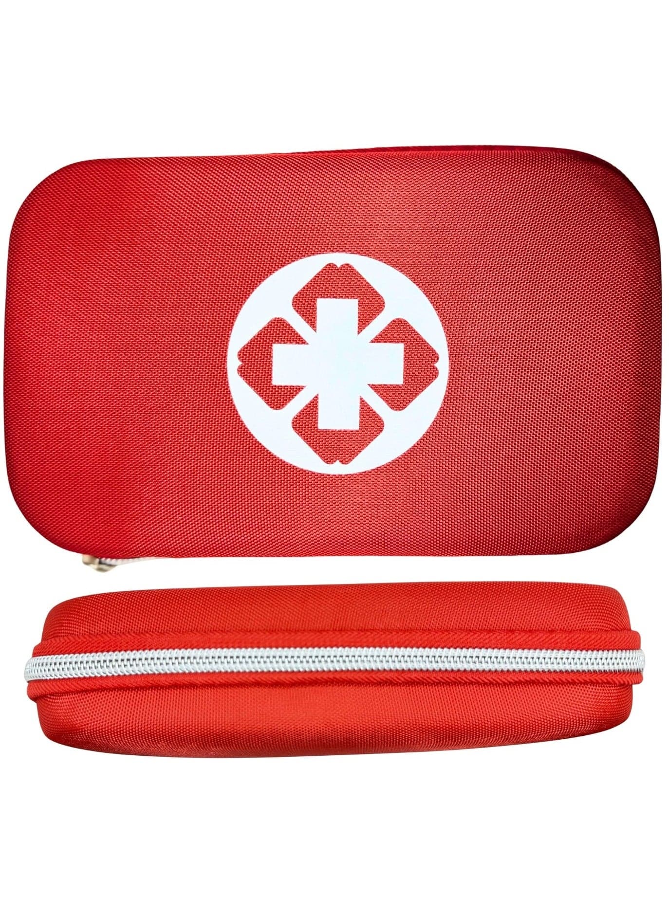 Compact Emergency First Aid Kit with Bandages, Ice Pack, Medical Scissors and Multi-Tool, Red Case with Ice Pack