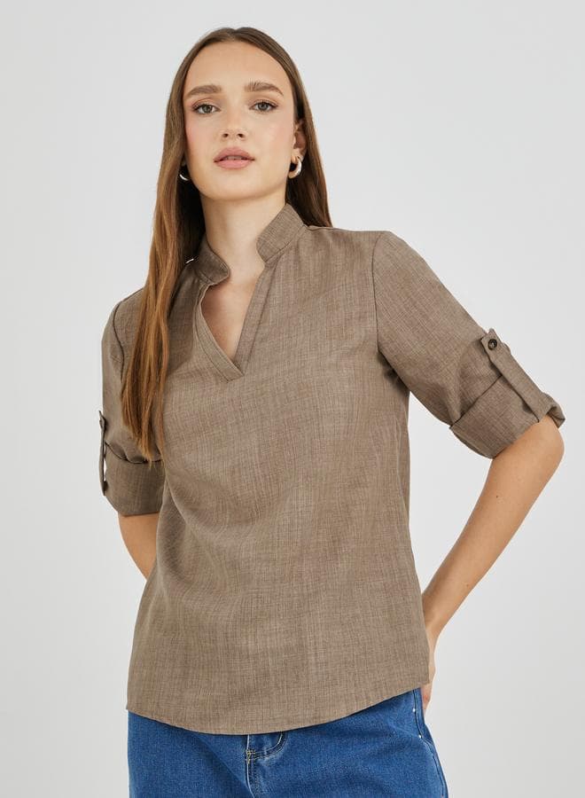 Take Two Solid Mandarin Collar Roll Up Sleeve Blouse